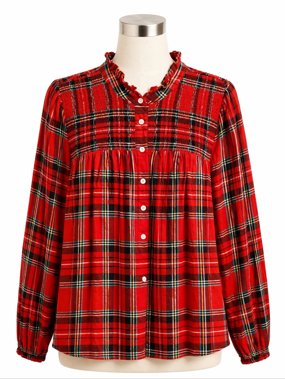J. Crew Good Tidings Plaid Smocked Ruffle Neck Popover Top Sz XS Holiday Punk